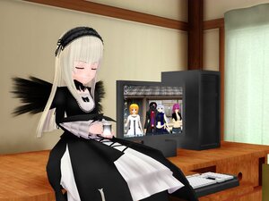 Rating: Safe Score: 0 Tags: black_dress blush closed_eyes dress hairband image long_hair multiple_girls silver_hair sitting solo suigintou wings User: admin