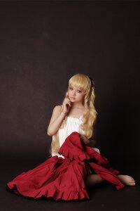 Rating: Safe Score: 0 Tags: 1girl barefoot blonde_hair blue_eyes braid dress full_body lips long_hair looking_at_viewer nose realistic red_dress shinku sitting solo User: admin