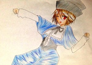 Rating: Safe Score: 0 Tags: 1girl blonde_hair blue_dress capelet dress hat image long_sleeves looking_at_viewer one_eye_closed open_mouth red_eyes short_hair solo souseiseki traditional_media User: admin