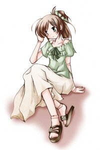 Rating: Safe Score: 0 Tags: 1girl blush bow brown_hair collarbone dress full_body green_dress green_eyes hair_ornament hairclip image long_hair looking_at_viewer sandals sitting solo suiseiseki white_background User: admin
