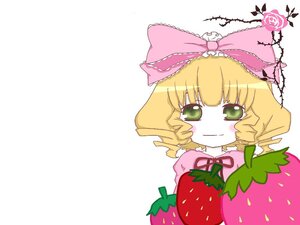 Rating: Safe Score: 0 Tags: 1girl blonde_hair blush bow cake chibi food fruit green_eyes hina_ichigo hinaichigo holding_fruit image looking_at_viewer object_namesake pink_bow simple_background smile solo strawberry User: admin