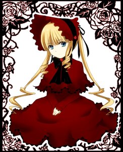 Rating: Safe Score: 0 Tags: 1girl black_border blonde_hair blue_eyes bonnet bow dress drill_hair flower image letterboxed long_hair long_sleeves looking_at_viewer pink_rose red_flower red_rose rose shinku sitting solo twin_drills twintails white_rose User: admin