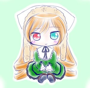 Rating: Safe Score: 0 Tags: 1girl blonde_hair blue_eyes blush chibi dress full_body green_background green_dress heterochromia image long_hair long_sleeves red_eyes ribbon simple_background smile solo standing suiseiseki very_long_hair User: admin