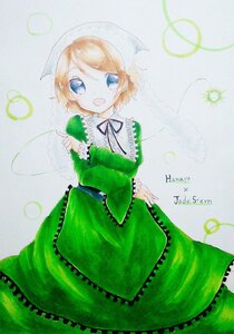 Rating: Safe Score: 0 Tags: 1girl blonde_hair blue_eyes dress frills green_dress hat image long_sleeves looking_at_viewer open_mouth ribbon short_hair smile solo suiseiseki traditional_media User: admin