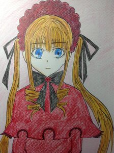 Rating: Safe Score: 0 Tags: 1girl bangs blonde_hair blue_eyes bonnet bow capelet dress drill_hair expressionless eyebrows_visible_through_hair flower image long_hair looking_at_viewer red_dress shinku sidelocks simple_background solo traditional_media twin_drills twintails upper_body User: admin