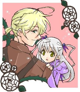 Rating: Safe Score: 0 Tags: 1boy 1girl 2girls ahoge barasuishou blonde_hair blush green_eyes hair_ribbon image long_hair long_sleeves plant ribbon silver_hair smile solo User: admin