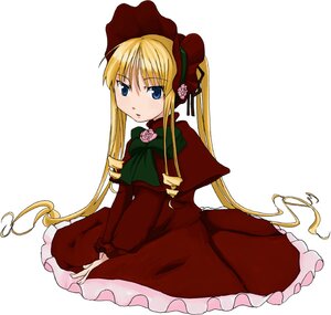 Rating: Safe Score: 0 Tags: 1girl blonde_hair blue_eyes bonnet bow bowtie capelet dress flower green_bow image long_hair long_sleeves looking_at_viewer red_dress rose shinku sidelocks simple_background sitting solo twintails very_long_hair white_background User: admin