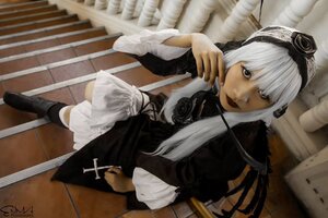 Rating: Safe Score: 0 Tags: 1girl bangs blurry boots cross dress flower gothic_lolita jewelry lolita_fashion long_sleeves photo rose signature solo standing suigintou white_hair User: admin