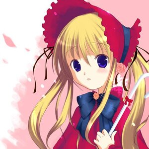 Rating: Safe Score: 0 Tags: 1girl :o blonde_hair blue_eyes blush bonnet bow bowtie dress flower image long_hair long_sleeves looking_at_viewer petals pink_background red_dress rose shinku sidelocks solo twintails upper_body User: admin