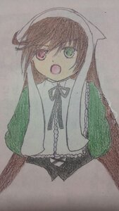 Rating: Safe Score: 0 Tags: 1girl brown_hair dress green_dress green_eyes heterochromia image long_hair long_sleeves looking_at_viewer open_mouth photo red_eyes simple_background solo suiseiseki traditional_media User: admin