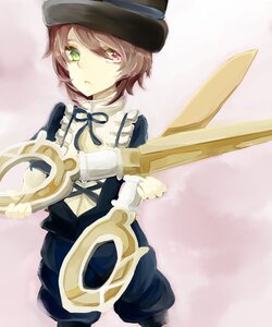 Rating: Safe Score: 0 Tags: 1boy brown_hair green_eyes hat heterochromia image ribbon short_hair solo souseiseki striped striped_background sword weapon User: admin