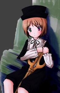 Rating: Safe Score: 0 Tags: 1girl bangs blush brown_hair dress frills green_eyes hat heterochromia image long_sleeves looking_at_viewer red_eyes short_hair sitting solo souseiseki User: admin