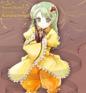 Rating: Safe Score: 0 Tags: 1girl brown_background dress green_eyes green_hair hair_ornament image kanaria long_hair long_sleeves ribbon solo User: admin