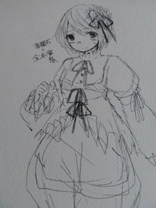 Rating: Safe Score: 0 Tags: 1girl costume_switch dress flower hair_ornament image long_sleeves looking_at_viewer monochrome puffy_sleeves ribbon short_hair sketch solo traditional_media User: admin