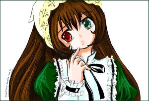 Rating: Safe Score: 0 Tags: 1girl :o bangs black_ribbon brown_hair dress frills green_dress green_eyes heterochromia image long_hair long_sleeves looking_at_viewer red_eyes simple_background solo suiseiseki upper_body white_background User: admin