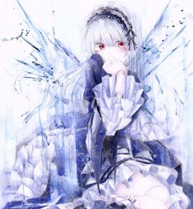 Rating: Safe Score: 0 Tags: 1girl bangs covering_mouth dress frilled_sleeves frills hairband image long_hair long_sleeves looking_at_viewer red_eyes solo suigintou wings User: admin