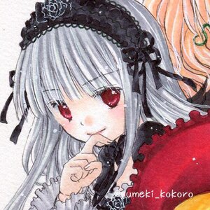 Rating: Safe Score: 0 Tags: 1girl bangs black_ribbon blush closed_mouth dress finger_to_mouth flower frills image index_finger_raised long_hair long_sleeves looking_at_viewer marker_(medium) red_eyes ribbon rose shikishi silver_hair simple_background smile solo suigintou traditional_media white_background User: admin