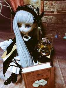 Rating: Safe Score: 0 Tags: 1girl bangs blue_eyes boots doll dress gothic_lolita lolita_fashion long_hair sitting solo suigintou User: admin