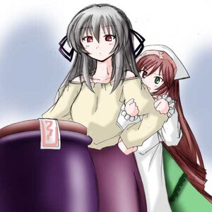 Rating: Safe Score: 0 Tags: 2girls apron blush dress green_eyes head_scarf heterochromia image long_hair long_sleeves multiple_girls pair red_eyes siblings sisters souseiseki suigintou suiseiseki very_long_hair User: admin