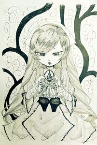 Rating: Safe Score: 0 Tags: 1girl bangs dress flower frills half-closed_eyes image long_hair long_sleeves looking_at_viewer monochrome ribbon solo suiseiseki traditional_media User: admin