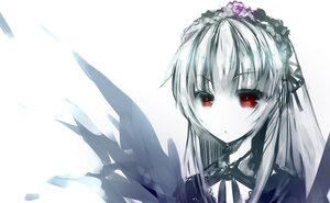 Rating: Safe Score: 0 Tags: 1girl bangs black_ribbon dress eyebrows_visible_through_hair feathered_wings flower hair_between_eyes hairband image long_hair looking_at_viewer parted_lips red_eyes ribbon rose silver_hair simple_background solo suigintou white_background wings User: admin