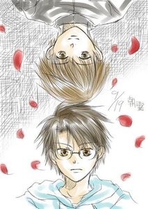 Rating: Safe Score: 0 Tags: 2boys brown_eyes brown_hair cherry_blossoms glasses human leaf looking_at_viewer multiple_boys petals rose_petals shirt smile traditional_media User: admin