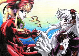 Rating: Safe Score: 0 Tags: 2girls black_dress blonde_hair blue_eyes bow dress drill_hair flower frills hairband image long_hair long_sleeves looking_at_another multiple_girls pair pale_skin red_dress red_eyes rose shinku silver_hair suigintou traditional_media wings User: admin