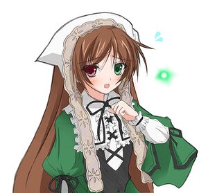 Rating: Safe Score: 0 Tags: 1girl black_ribbon blush brown_hair dress flying_sweatdrops frills green_dress green_eyes head_scarf heterochromia image long_hair long_sleeves looking_at_viewer open_mouth red_eyes ribbon simple_background solo suiseiseki twintails upper_body very_long_hair white_background User: admin