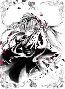 Rating: Safe Score: 0 Tags: 1girl dress flower fujiwara_no_mokou greyscale hair_ribbon image long_hair monochrome outstretched_arm outstretched_hand petals ribbon shinku solo twintails very_long_hair User: admin