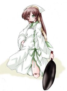 Rating: Safe Score: 0 Tags: 1girl blush brown_hair dress full_body green_eyes hat head_scarf heterochromia image long_hair long_sleeves looking_at_viewer red_eyes simple_background solo suiseiseki very_long_hair watering_can white_background User: admin