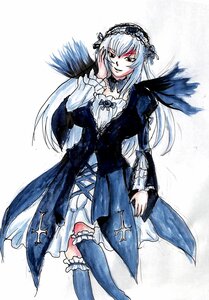 Rating: Safe Score: 0 Tags: 1girl black_wings dress frills hairband image lolita_hairband long_hair long_sleeves looking_at_viewer simple_background solo standing suigintou traditional_media white_background wings User: admin