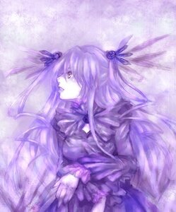 Rating: Safe Score: 0 Tags: 1girl barasuishou bow dress frills hair_ornament image long_hair monochrome purple_background purple_theme ribbon solo User: admin