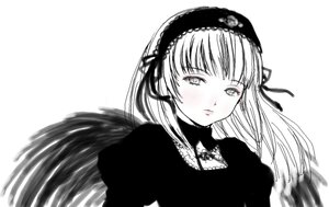 Rating: Safe Score: 0 Tags: 1girl bangs blush closed_mouth dress floating_hair greyscale hairband image lace long_hair long_sleeves looking_at_viewer monochrome simple_background solo suigintou upper_body white_background wings User: admin