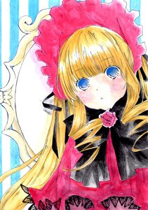 Rating: Safe Score: 0 Tags: 1girl :< bangs blonde_hair blue_eyes blush bonnet bow bowtie dress drill_hair flower image long_hair long_sleeves looking_at_viewer marker_(medium) pink_bow pink_flower pink_rose rose shinku signature solo striped_background traditional_media twin_drills upper_body User: admin