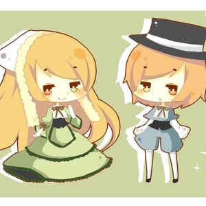 Rating: Safe Score: 0 Tags: 1boy 1girl blonde_hair brown_eyes chibi dress green_dress hat image long_hair pair ribbon short_hair smile souseiseki suiseiseki User: admin