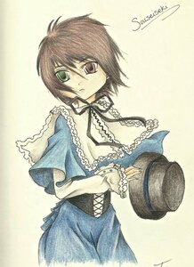 Rating: Safe Score: 0 Tags: 1girl artist_name black_ribbon capelet dated frills green_eyes hat hat_removed headwear_removed heterochromia holding_clothes holding_hat image long_sleeves looking_at_viewer red_eyes ribbon short_hair signature solo souseiseki top_hat traditional_media User: admin