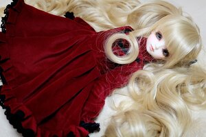 Rating: Safe Score: 0 Tags: 1girl bangs blonde_hair blue_eyes doll dress frills lips long_hair looking_at_viewer red_dress shinku solo very_long_hair User: admin