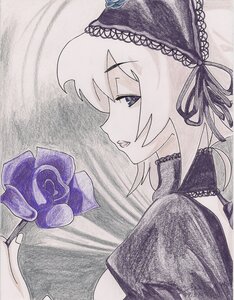 Rating: Safe Score: 0 Tags: 1girl blue_eyes blue_flower choker flower from_side hairband holding_flower image profile purple_flower purple_rose rose smile solo suigintou traditional_media User: admin