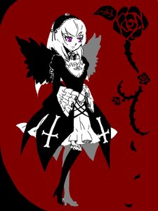 Rating: Safe Score: 0 Tags: 1girl boots dress flower frilled_sleeves frills full_body gothic_lolita hairband high_heels image long_sleeves looking_at_viewer monochrome red_background red_flower rose short_hair solo standing suigintou wings User: admin