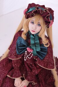 Rating: Safe Score: 0 Tags: 1girl blonde_hair blue_eyes bonnet dress flower hands_together lace lips long_hair looking_at_viewer own_hands_together red_dress shinku solo User: admin