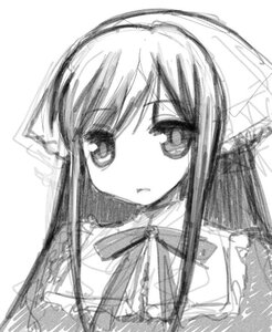 Rating: Safe Score: 0 Tags: 1girl bow greyscale image long_hair looking_at_viewer monochrome ribbon simple_background sketch solo suiseiseki upper_body white_background User: admin