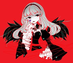Rating: Safe Score: 0 Tags: 1girl bangs blood dress hairband image juliet_sleeves limited_palette long_hair long_sleeves red_background red_theme simple_background solo suigintou wings User: admin