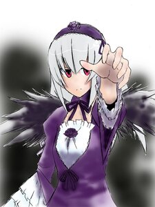 Rating: Safe Score: 0 Tags: 1girl black_wings detached_collar dress expressionless flower frills hairband image long_hair long_sleeves looking_at_viewer outstretched_arm pink_eyes rose silver_hair solo suigintou upper_body wings User: admin