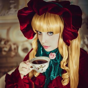 Rating: Safe Score: 0 Tags: 1girl bangs blonde_hair blue_eyes blurry bonnet bow cup depth_of_field dress drill_hair flower holding_cup lips long_hair long_sleeves looking_at_viewer pink_rose rose saucer shinku solo tea teacup upper_body User: admin