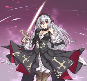 Rating: Safe Score: 0 Tags: 1girl black_dress breasts choker cleavage commentary_request cowboy_shot dress flower frilled_sleeves frills gothic_lolita hairband holding holding_sword holding_weapon houtengeki image lolita_fashion long_hair long_sleeves looking_at_viewer medium_breasts pink_background pink_eyes purple_flower red_eyes rose rozen_maiden silver_hair simple_background smile solo standing suigintou sword weapon wide_sleeves User: admin