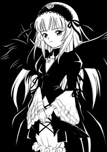 Rating: Safe Score: 0 Tags: 1girl black_wings dress expressionless frills greyscale hairband image lolita_hairband long_hair long_sleeves looking_at_viewer monochrome rose simple_background solo suigintou wings User: admin