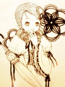 Rating: Safe Score: 0 Tags: 1girl dress drill_hair flower frills hair_ornament image kanaria long_sleeves looking_at_viewer monochrome puffy_sleeves rose smile solo traditional_media User: admin