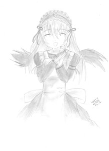 Rating: Safe Score: 0 Tags: 1girl :d apron bangs black_wings blush closed_eyes dress eyebrows_visible_through_hair facing_viewer feathered_wings frilled_hairband greyscale hairband image juliet_sleeves long_hair long_sleeves monochrome open_mouth ribbon signature simple_background smile solo striped suigintou white_background wings User: admin