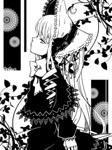 Rating: Safe Score: 0 Tags: 1girl bonnet bug butterfly dress flower frills greyscale image insect leaf long_hair long_sleeves monochrome profile shinku solo User: admin