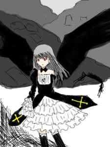 Rating: Safe Score: 0 Tags: 1girl bare_shoulders black_wings choker dress frills grey_hair image long_hair long_sleeves red_eyes solo suigintou wings User: admin